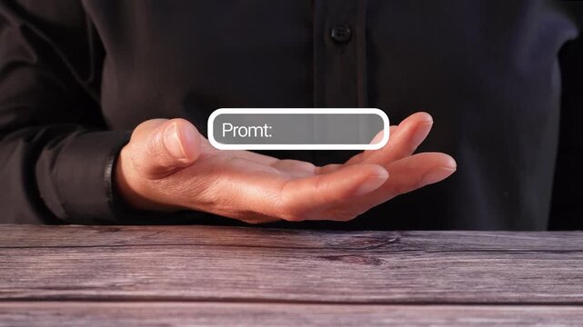 Close-up of a woman's hand on a table holding an animated text field for writing a prompt for artificial intelligence.