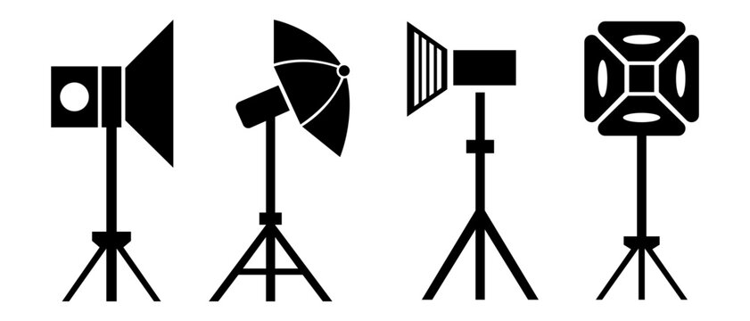 Photography lighting softbox studio equipment silhouette vector set for camera and studio setup