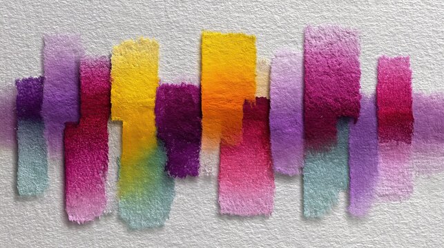 Colorful watercolor shapes arranged in a line on white paper
