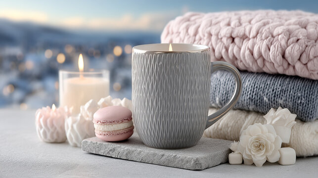 Cozy winter day with a mug of hot drink and candles, surrounded by knitted blankets and sweets