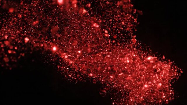Abstract red glowing particles moving across a dark black background, creating a dynamic and visually appealing effect