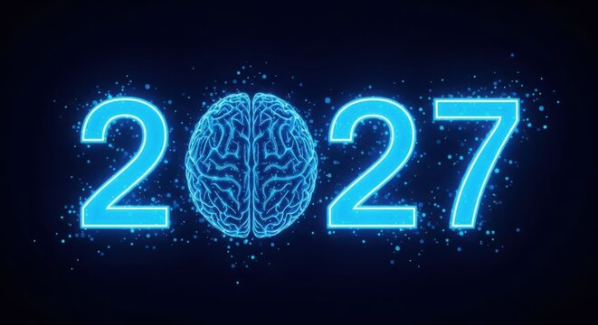 A futuristic representation of the year 2027 with a brain illustration