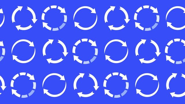 Seamless pattern of white circular arrows and loading icons on a blue background animation. Minimalist recycling and process cycle wallpaper for a continuous loop and synchronization concept.