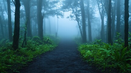 Fototapeta premium A misty forest pathway surrounded by lush green foliage and tall trees, with fog creating a mysterious and tranquil atmosphere.
