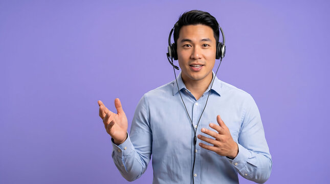 Smiling Asian Man with Headset Working in Call Center