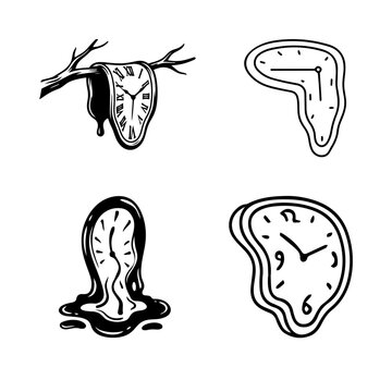 Unique hand-drawn melting clock vector set inspired by surrealism. Distorted timepieces for artistic projects, philosophy themes, and creative clock-watching metaphors. Detailed sketches.