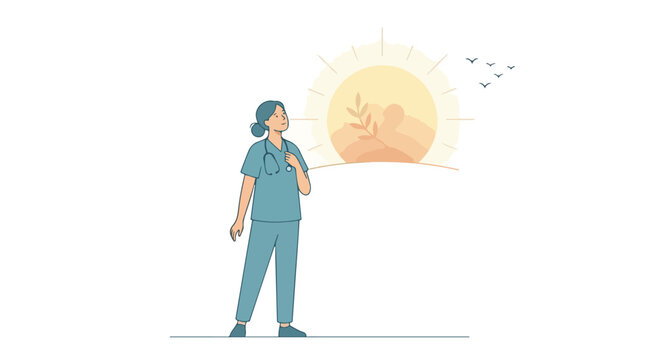 Dedicated healthcare worker looking towards a hopeful future with symbols of growth and well-being, representing a tribute to medical professionals