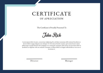 Fototapeta premium Professional Certificate of Appreciation template with navy blue and light blue geometric corner accents, white background, placeholder text for recognition, and two signature lines.