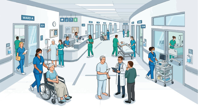 Dynamic hospital corridor bustling with dedicated healthcare workers and diverse patients, showcasing essential medical care and a tribute to frontline staff.