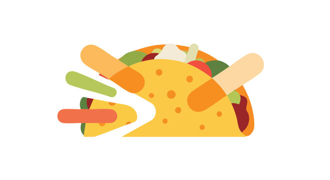 Colorful, geometric illustration of a filled tortilla. Various fillings peek out, with two oblong pieces seemingly holding the food