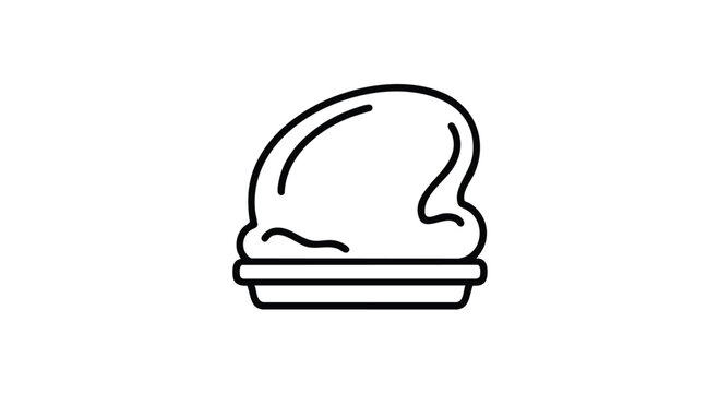 A black and white icon presents an oval shape with a wavy side, sitting atop a rectangular base, suggesting food in a dish
