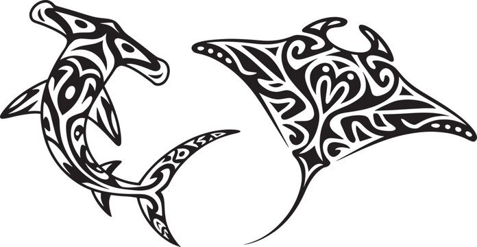 Tribal sea life tattoo design featuring hammerhead shark and manta ray with ethnic pattern ornaments.