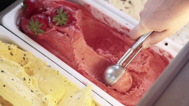 Serving ice cream. Frozen treat. Chef hand taking cooling strawberry confectionery portion with metal scoop from container with fresh berries.