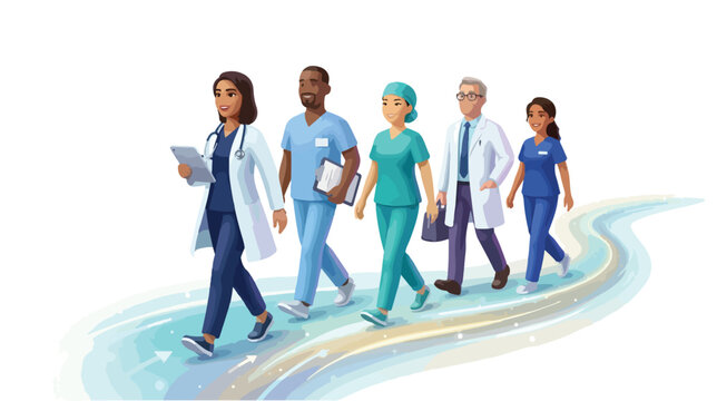 Diverse group of dedicated healthcare workers walking forward together, symbolizing unity, progress, and a tribute to medical professionals