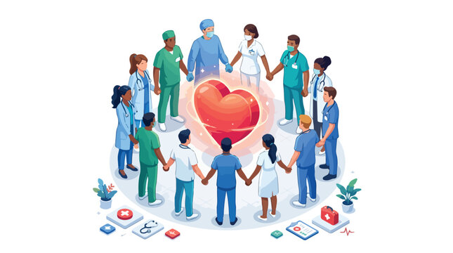 Diverse healthcare workers forming a circle holding hands around a glowing heart symbolizing unity teamwork and a tribute to medical professionals
