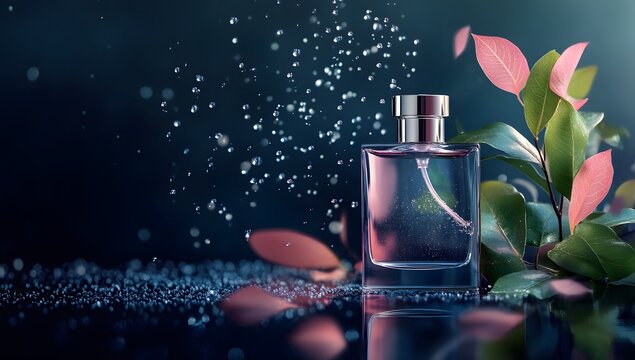 Natural perfume bottle with pink flowers and green leaves, botanical.

