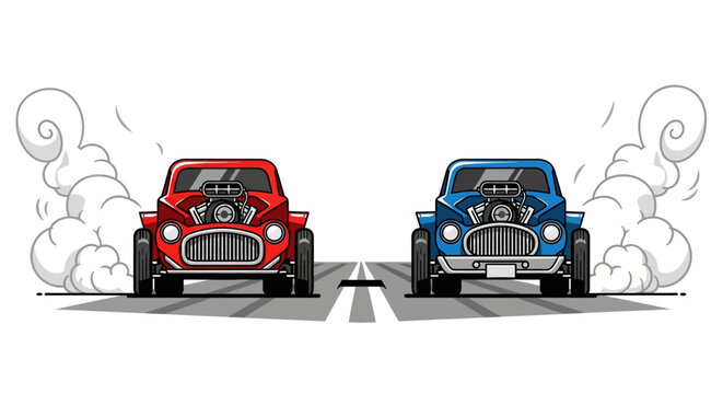Vintage Hot Rod Drag Race Illustration with Red and Blue Cars