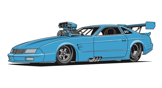 Blue Drag Racing Car Illustration with Large Supercharger