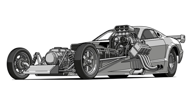Custom Drag Racing Car Illustration with Exposed Performance Engine