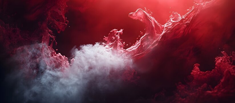 Red and white fluid material floating in dark space, abstract art.

