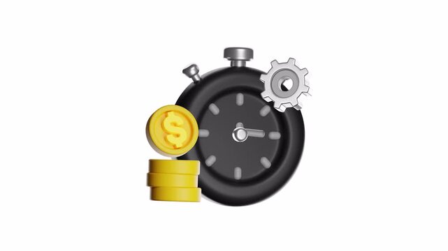 3d looping ui icon composition of a stopwatch, stacked coins, and gear icon perfect for financial, time management, or business concepts in designs.