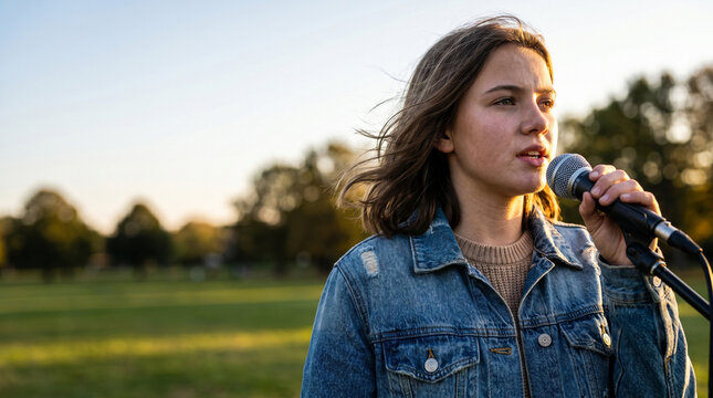 Teen confidently speaking into mic in outdoor park setting, wearing denim jacket, with sunset glow and blurred trees in the background
