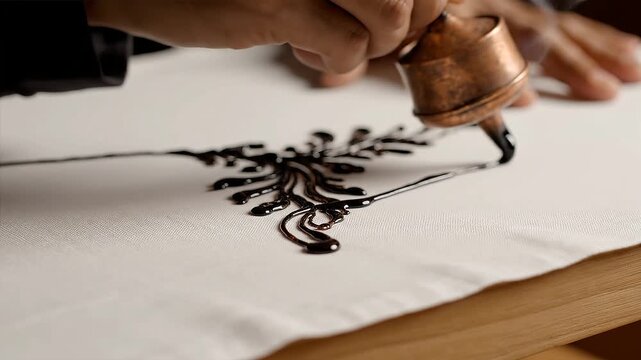 Close-up of skilled artisan hands meticulously applying melted wax with a canting tool onto white fabric, illustrating the intricate traditional Indonesian batik crafting process