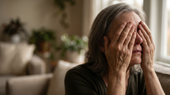 Elderly woman with hands covering grieving face in softly lit living room, expressing sorrow and solitude, surrounded by blurred plants and neutral tones