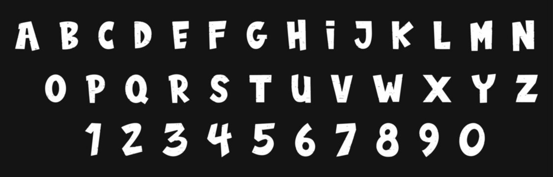 Distressed white alphabet font with uppercase letters and numbers on black background for retro typography and branding projects. Vintage textured typeface collection for posters logos and creative 