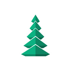 Obraz premium Minimalist geometric green spruce tree icon isolated on white background. Six levels of stacked triangular shapes with shaded facets creating a modern 3D evergreen tree illustration.