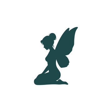 Dark teal silhouette of a kneeling fairy with large wings and hair in a bun, side profile view of a mythical creature isolated on a white background, minimalist fantasy illustration.