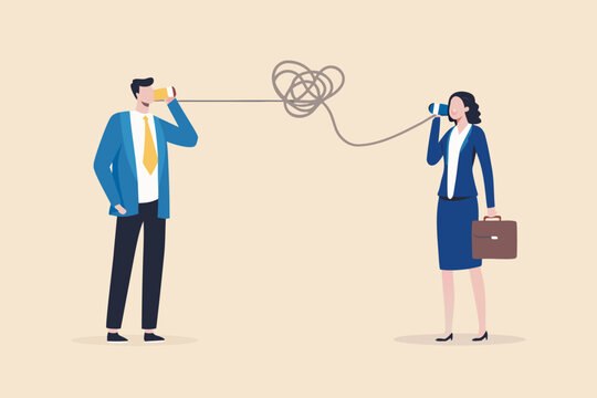 People communicating with tangled string telephone vector illustration