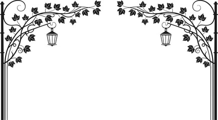 Elegant floral vine arch border with hanging lantern illustration. Decorative wrought iron frame featuring curling branches and leaves for wedding invitations, garden themes and vintage ornamental  © Parul