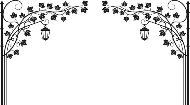Elegant floral vine arch border with hanging lantern illustration. Decorative wrought iron frame featuring curling branches and leaves for wedding invitations, garden themes and vintage ornamental 