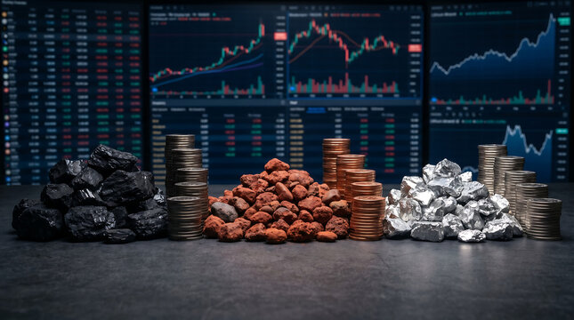 Raw mineral commodity samples of coal iron ore and silver with stacked coins against stock market trading screens for mining investment commodities and resource concepts