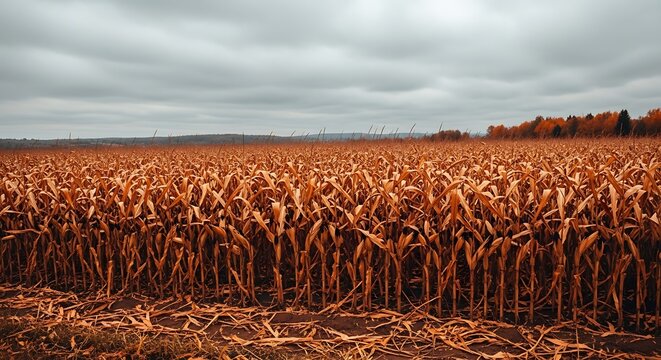 Harvested cornfield under cloudy sky