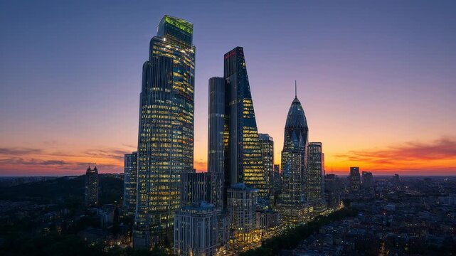 Sunset over the city of london, england, street traffic light trails and illuminated skyscrapers