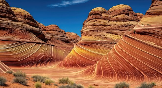 Striated sandstone formations under clear blue sky showcasing natural beauty