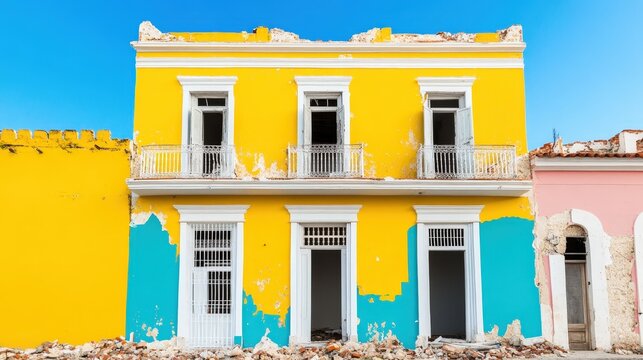 Brightly painted, partially ruined building with bold yellow and blue colors, missing roof, and debris in front under a clear blue sky.