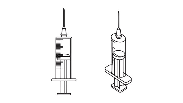 Medical syringe and needle line icons isolated on black background