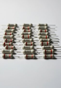 Rows of cylindrical resistors on white, close, parallel