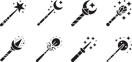 Seven stylized magic wands with crescent moon stars and gem designs black and vector illustration. © MstSima