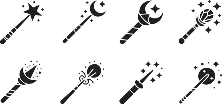 Seven stylized magic wands with crescent moon stars and gem designs black and vector illustration.