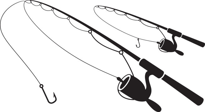 Two fishing rods with reels and lines cast for catching fish, symbolizing outdoor pursuits. Vector Illustration