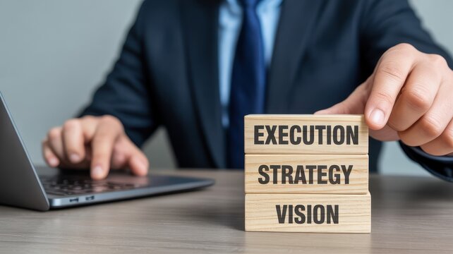 Business strategy and management concept with wooden blocks showing vision, strategy and execution