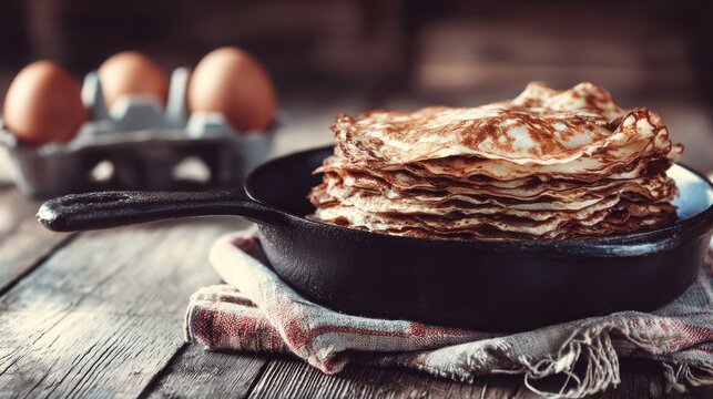 Stack of freshly made thin pancakes rests inside a dark metal frying pan on a rustic wooden surface with eggs in the background