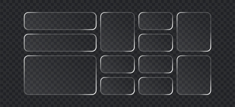 Set of glassmorphism style frames, empty transparent buttons, glossy rounded rectangles, ui elements for web design, modern frosted glass interface panels