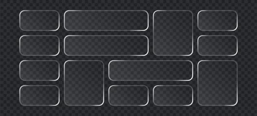 Set of glassmorphism style buttons and frames, transparent frosted glass rectangles with soft shadows and glowing borders on dark grid background © MDMahmudul
