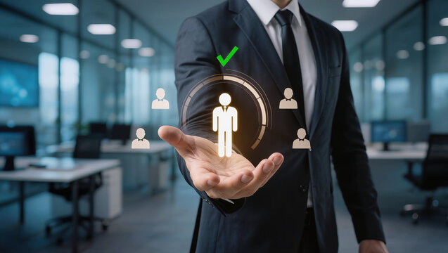Business Professional Showing Selection Process with Digital Icons in Modern Office Environment