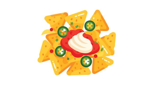 A vibrant, flat vector illustration of nachos with toppings, including salsa, sour cream, and jalape&ntilde;os. A tasty snack, a classic comfort food